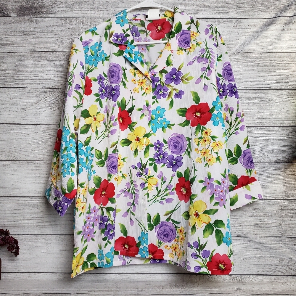 BonWorth Floral Button Down Shirt Blouse Jacket Womens 1X